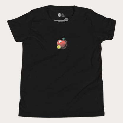 Big Apple tennis t-shirt for girls featuring apple with NYC skyline and tennis ball design.