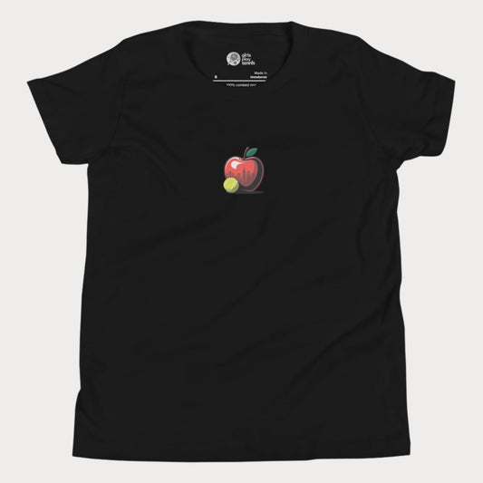 Big Apple tennis t-shirt for girls featuring apple with NYC skyline and tennis ball design.