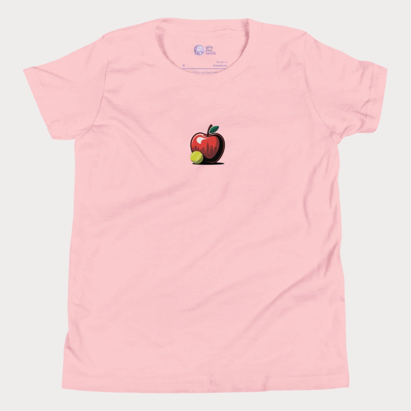 Big Apple tennis t-shirt for girls featuring apple with NYC skyline and tennis ball design