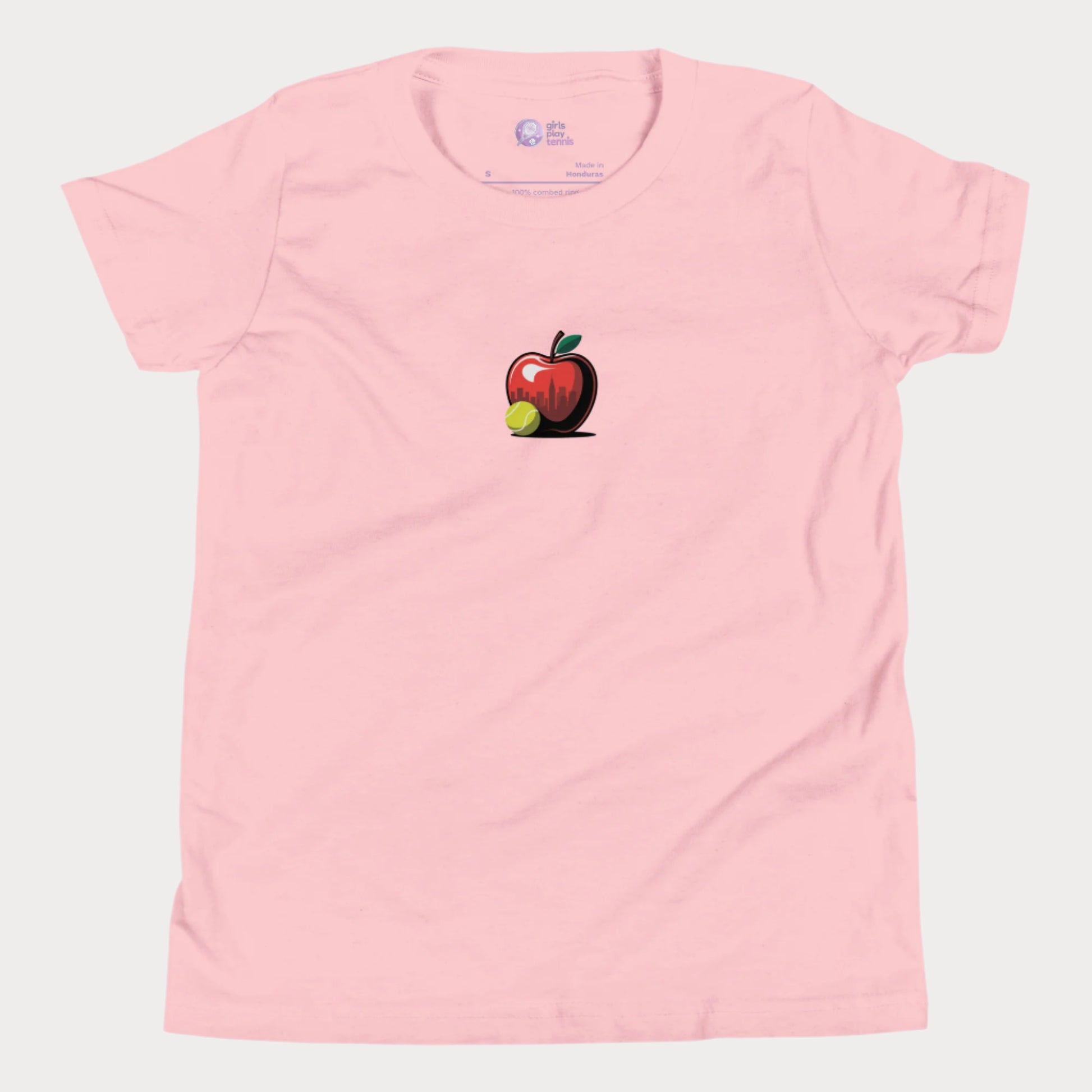 Big Apple tennis t-shirt for girls featuring apple with NYC skyline and tennis ball design