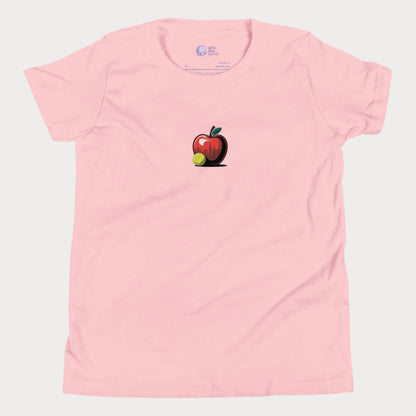 Big Apple tennis t-shirt for girls featuring apple with NYC skyline and tennis ball design