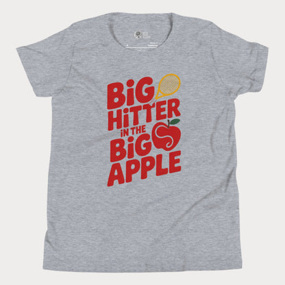 Girls Play Tennis Big Hitter in the Big Apple red typography hard court season T-shirt for girls.