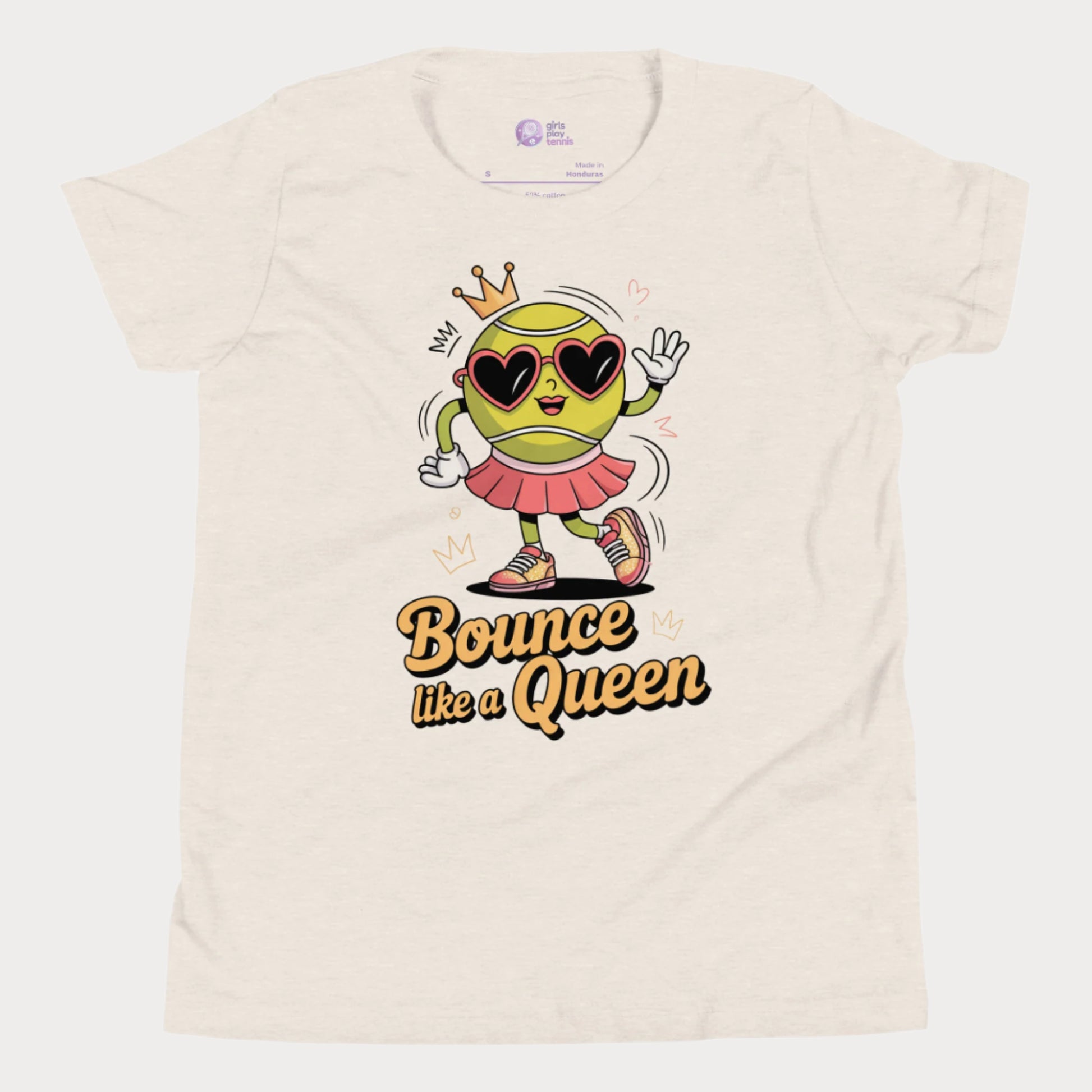 Bounce Like a Queen girls tennis t-shirt in beige with cartoon tennis ball in crown and heart sunglasses