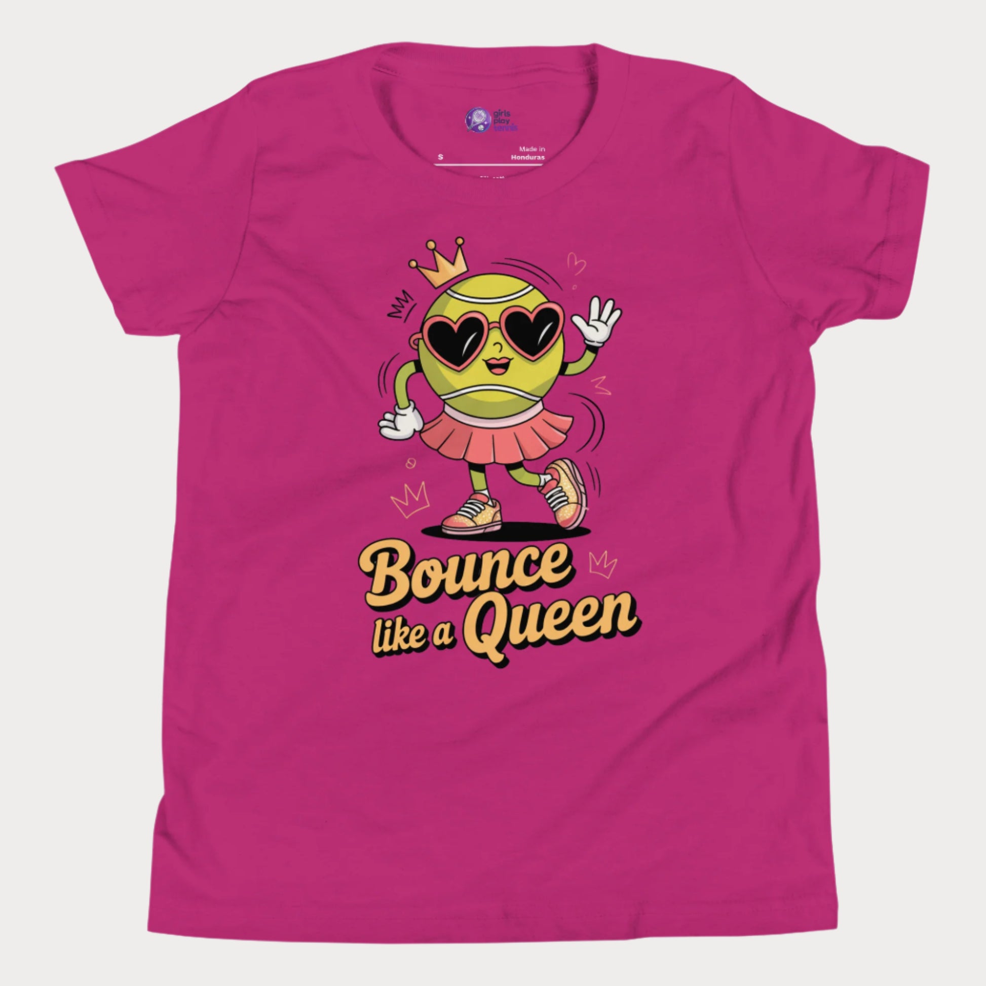 Bounce Like a Queen girls tennis t-shirt in berry with cartoon tennis ball in crown and heart sunglasses