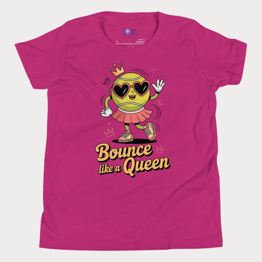 Bounce Like a Queen girls tennis t-shirt in berry with cartoon tennis ball in crown and heart sunglasses