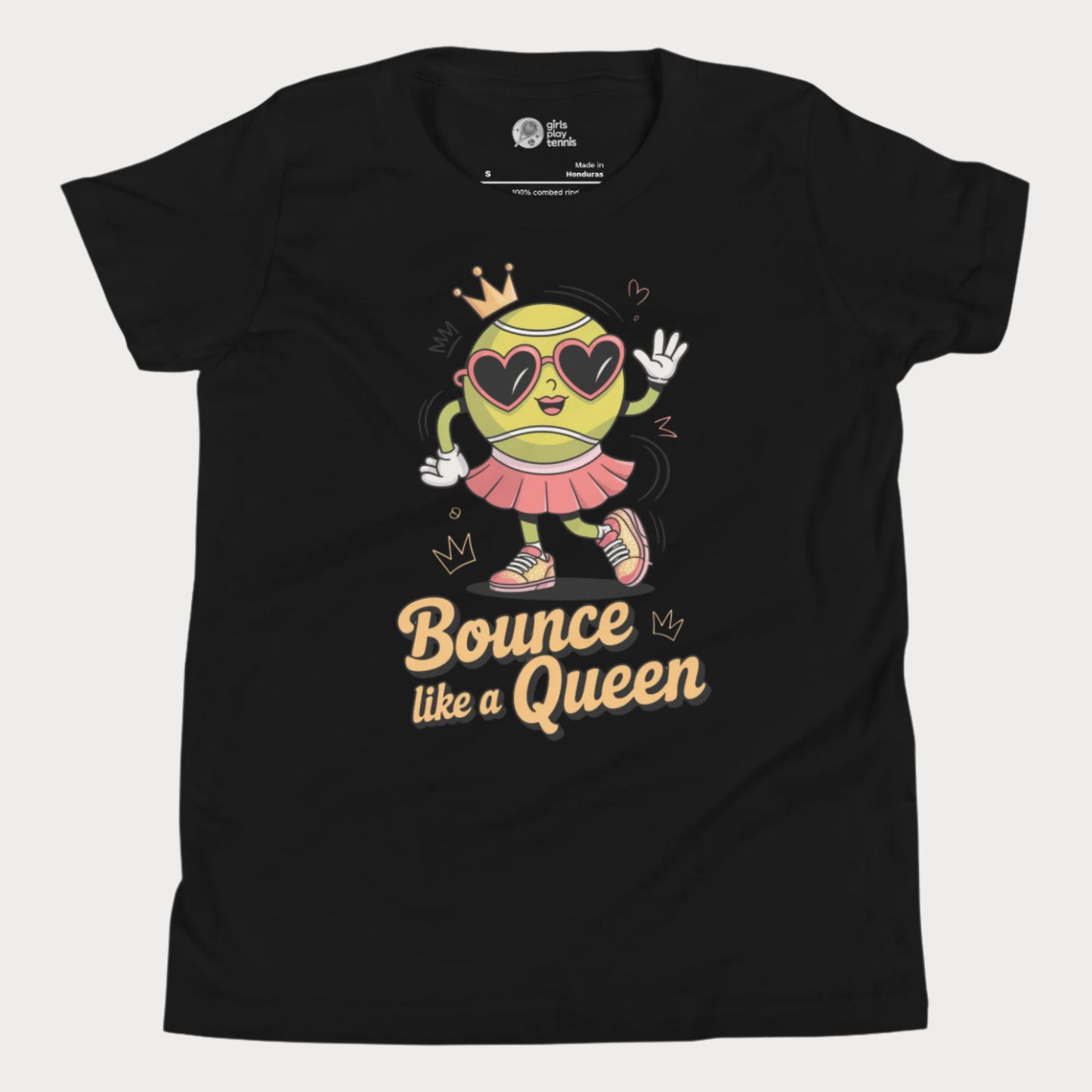 Bounce Like a Queen girls tennis t-shirt in black with cartoon tennis ball in crown and heart sunglasses
