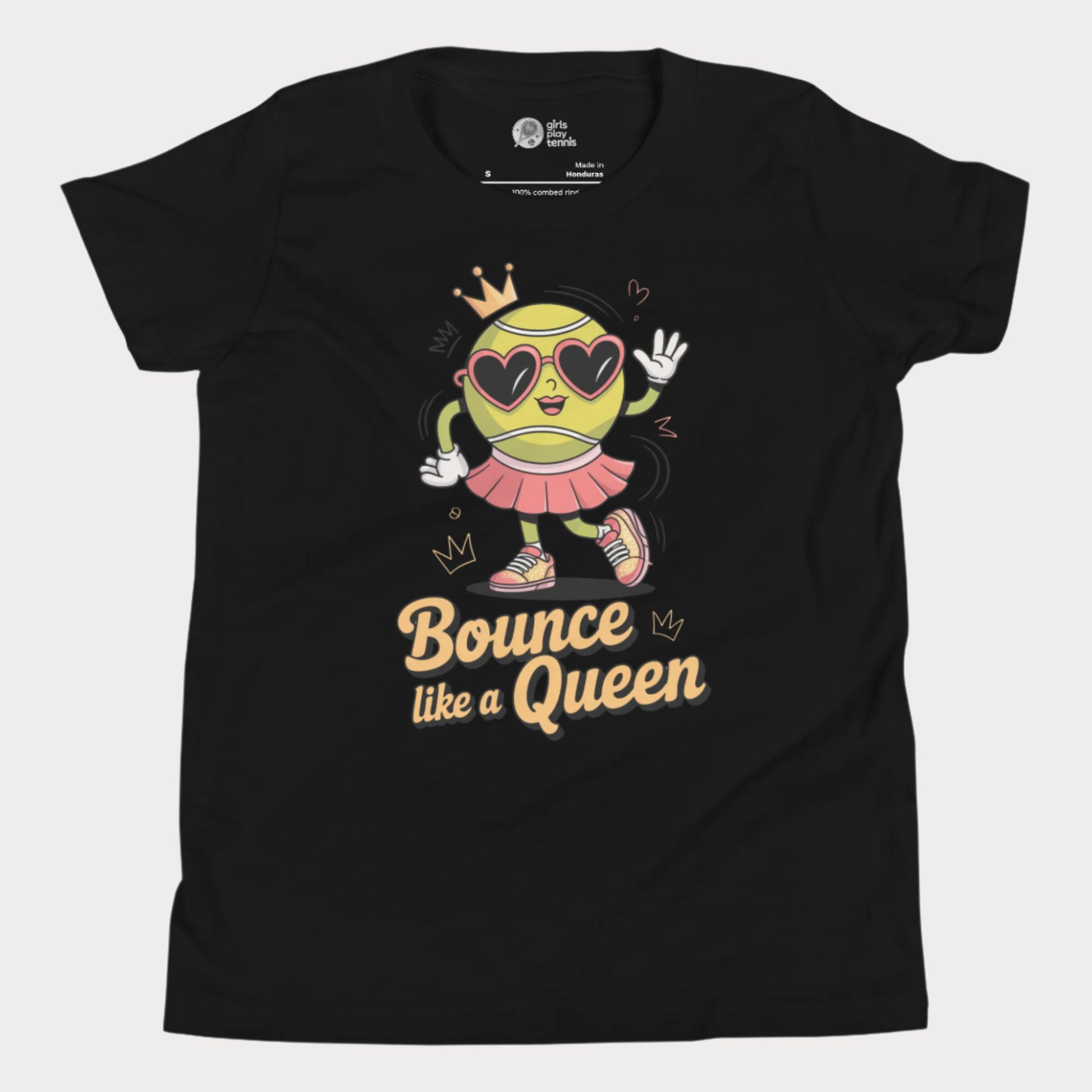 Bounce Like a Queen girls tennis t-shirt in black with cartoon tennis ball in crown and heart sunglasses