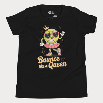 Bounce Like a Queen girls tennis t-shirt in black with cartoon tennis ball in crown and heart sunglasses