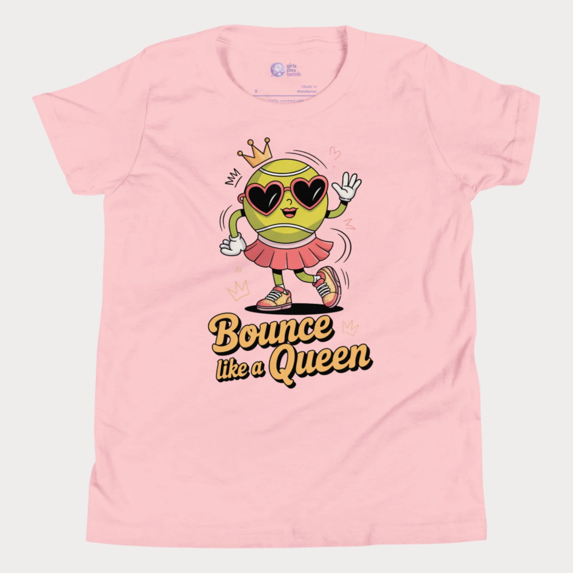 Bounce Like a Queen girls tennis t-shirt in pink with cartoon tennis ball in crown and heart sunglasses