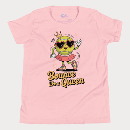 Bounce Like a Queen girls tennis t-shirt in pink with cartoon tennis ball in crown and heart sunglasses