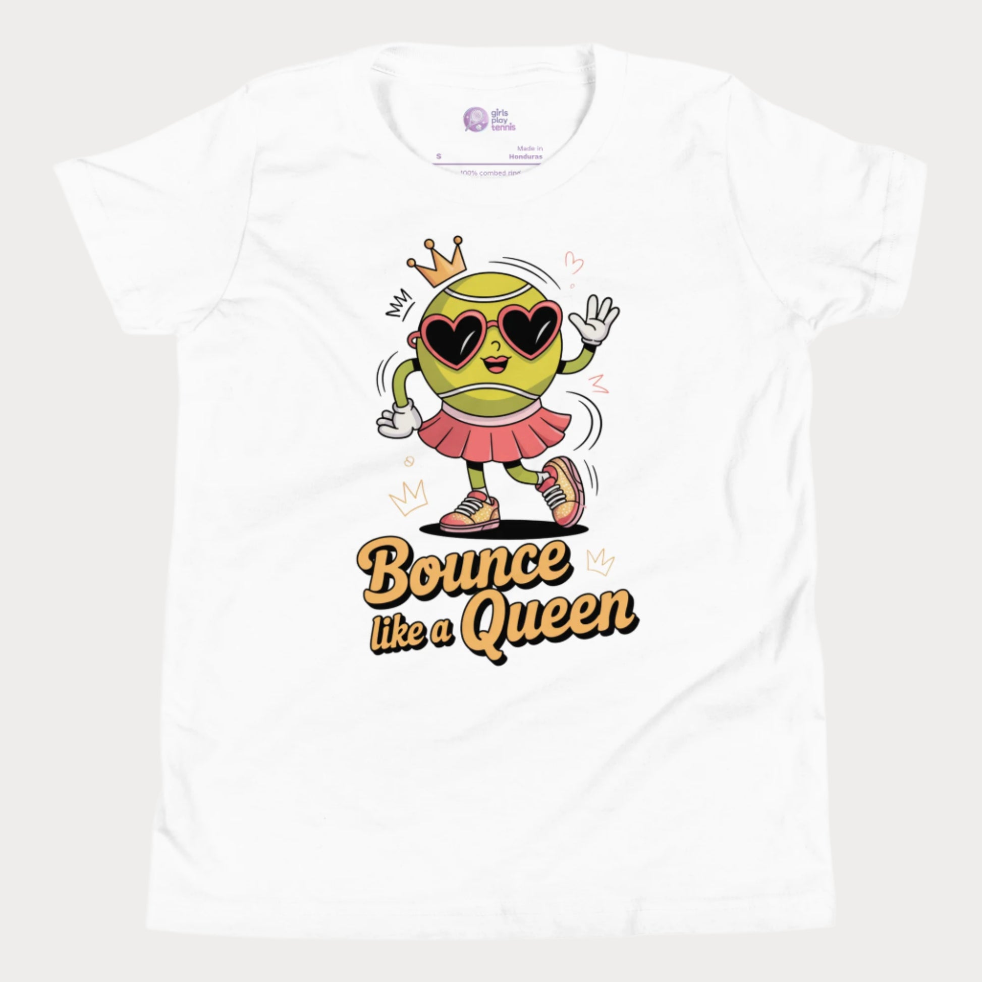 Bounce Like a Queen girls tennis t-shirt in white with cartoon tennis ball in crown and heart sunglasses.