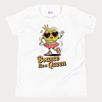 Bounce Like a Queen girls tennis t-shirt in white with cartoon tennis ball in crown and heart sunglasses.