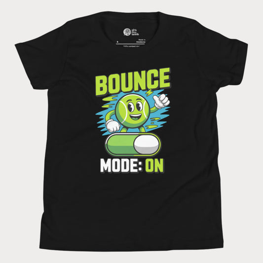 Black kids’ tennis t-shirt featuring a cartoon tennis ball with the text “Bounce Mode: ON” in green and white lettering.