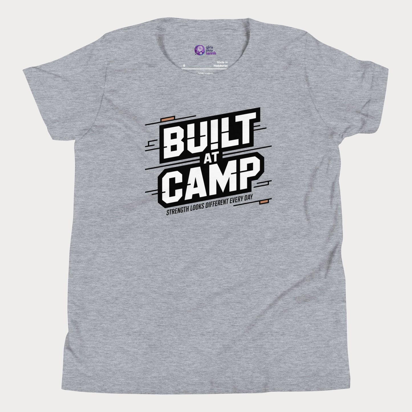Athletic Grey Built at Camp athletic tennis camp t-shirt for kids and teens