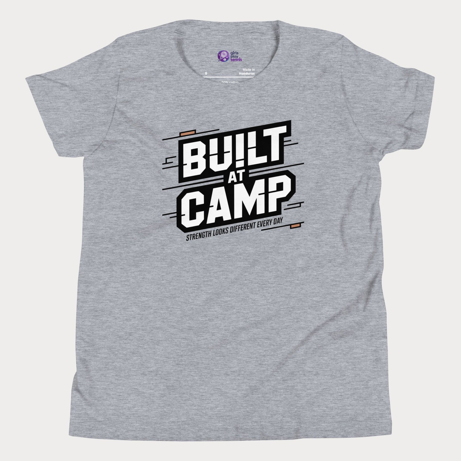 Athletic Grey Built at Camp athletic tennis camp t-shirt for kids and teens