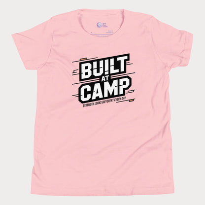 Pink Built at Camp athletic tennis camp t-shirt for kids and teens