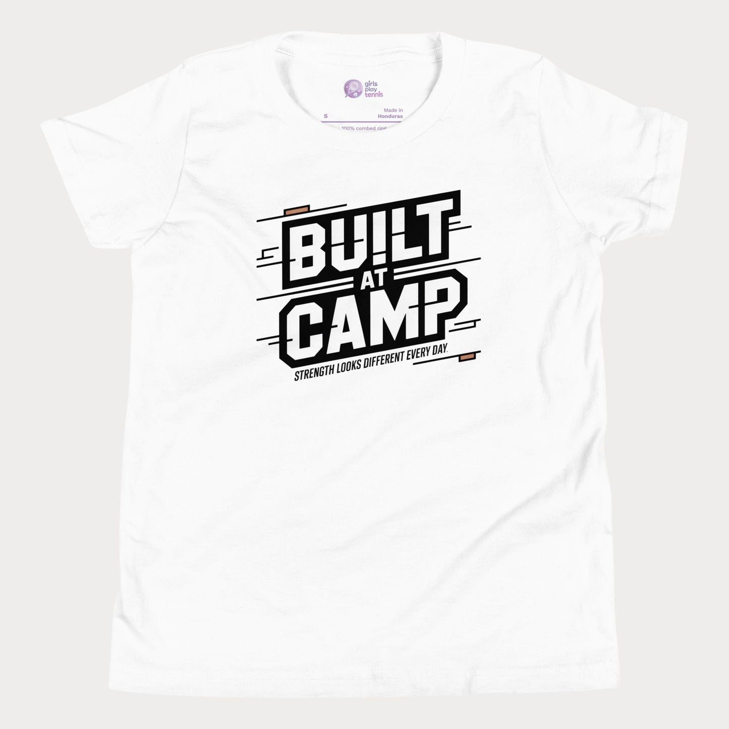White Built at Camp athletic tennis camp t-shirt for kids and teens