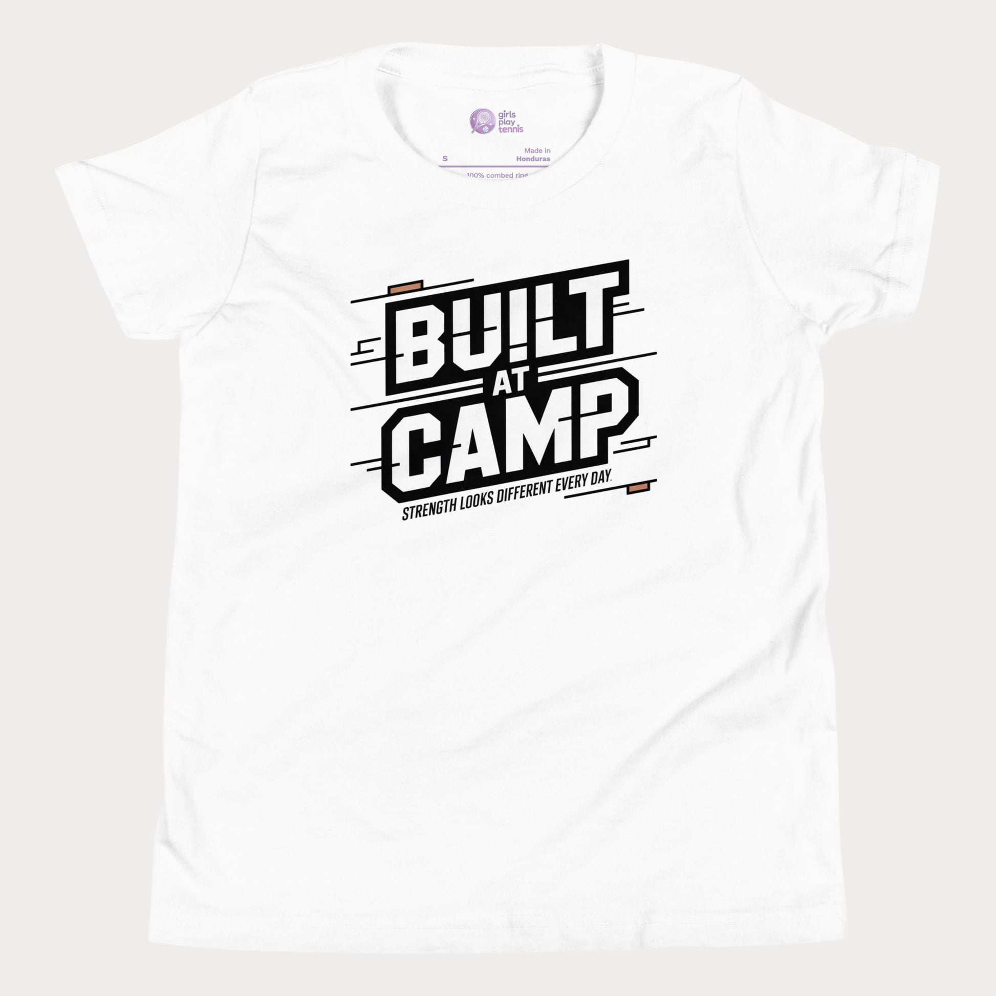 White Built at Camp athletic tennis camp t-shirt for kids and teens