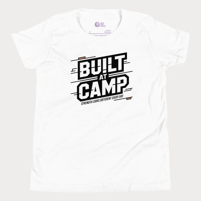 White Built at Camp athletic tennis camp t-shirt for kids and teens