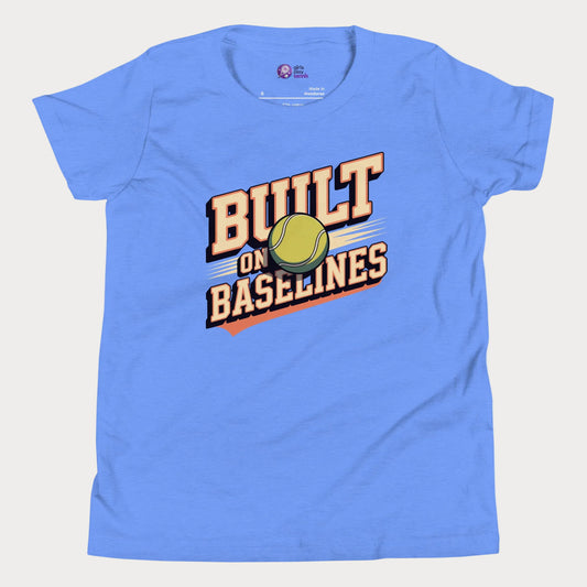 Blue Built On Baselines vintage-inspired tennis t-shirt for kids and teens
