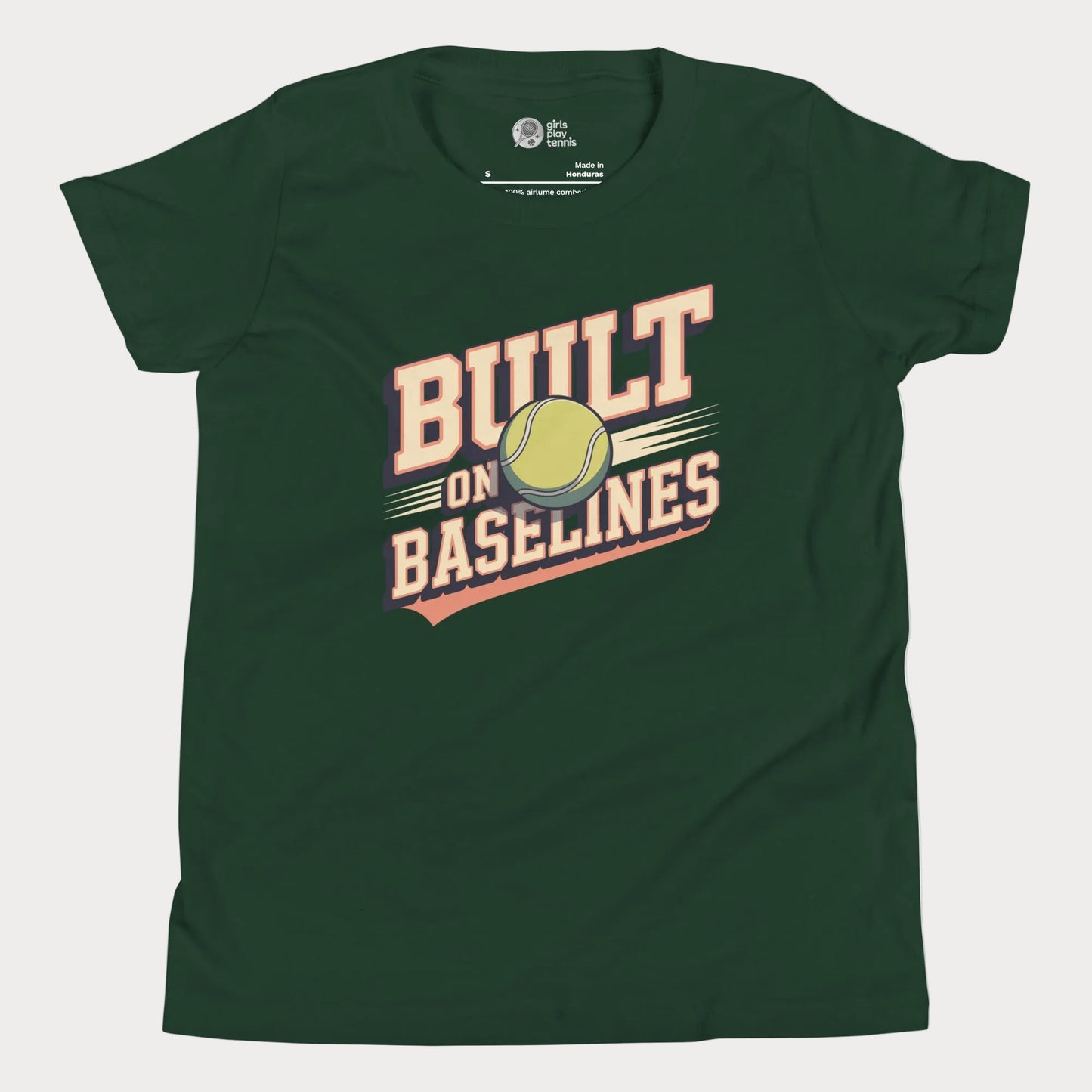 Forest green Built On Baselines vintage-inspired tennis t-shirt for kids and teens