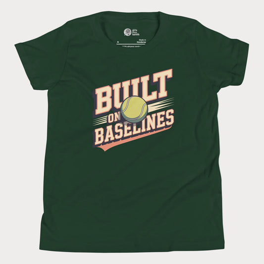 Forest green Built On Baselines vintage-inspired tennis t-shirt for kids and teens