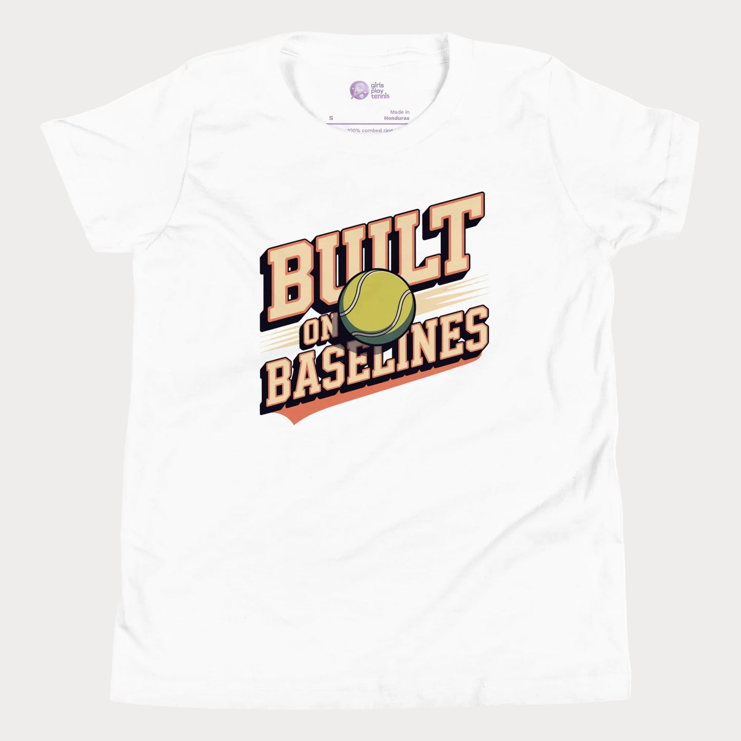 White Built On Baselines vintage-inspired tennis t-shirt for kids and teens