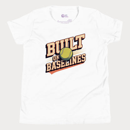 White Built On Baselines vintage-inspired tennis t-shirt for kids and teens