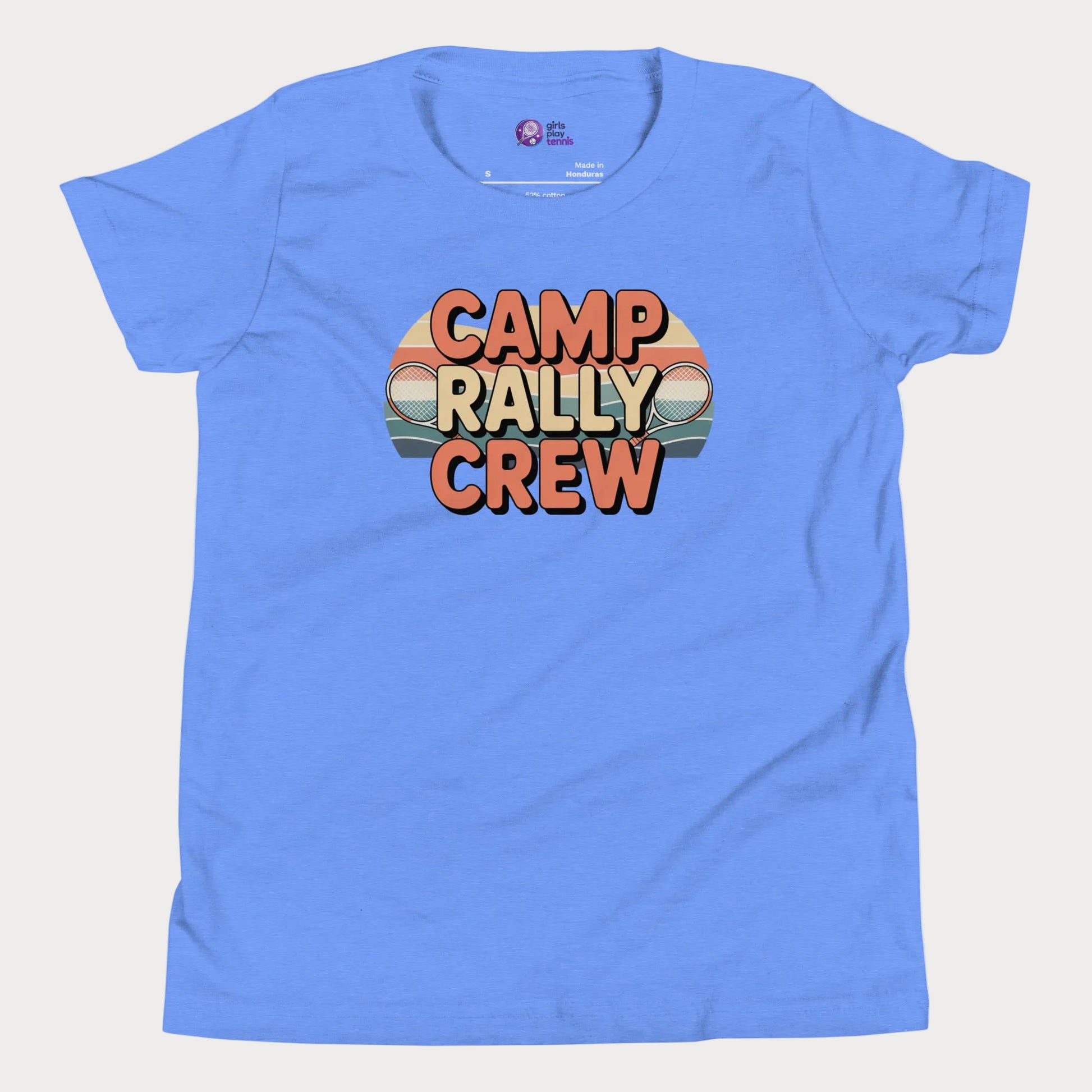 Blue Camp Rally Crew retro-inspired tennis camp t-shirt for kids and teens