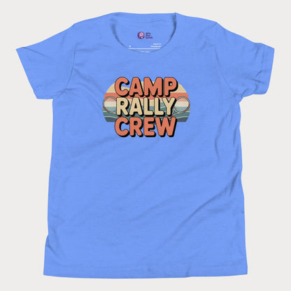 Blue Camp Rally Crew retro-inspired tennis camp t-shirt for kids and teens