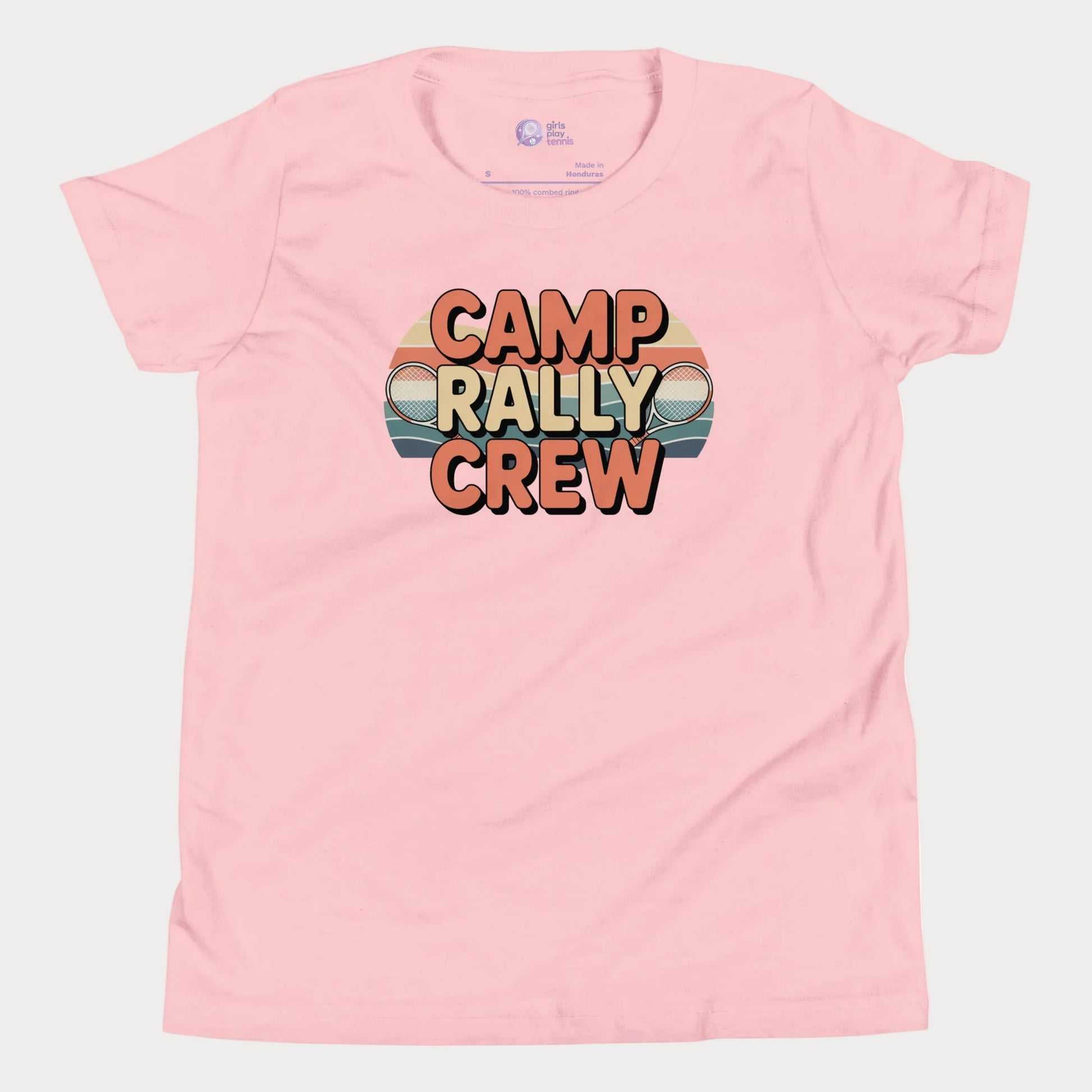 Pink Camp Rally Crew retro-inspired tennis camp t-shirt for kids and teens