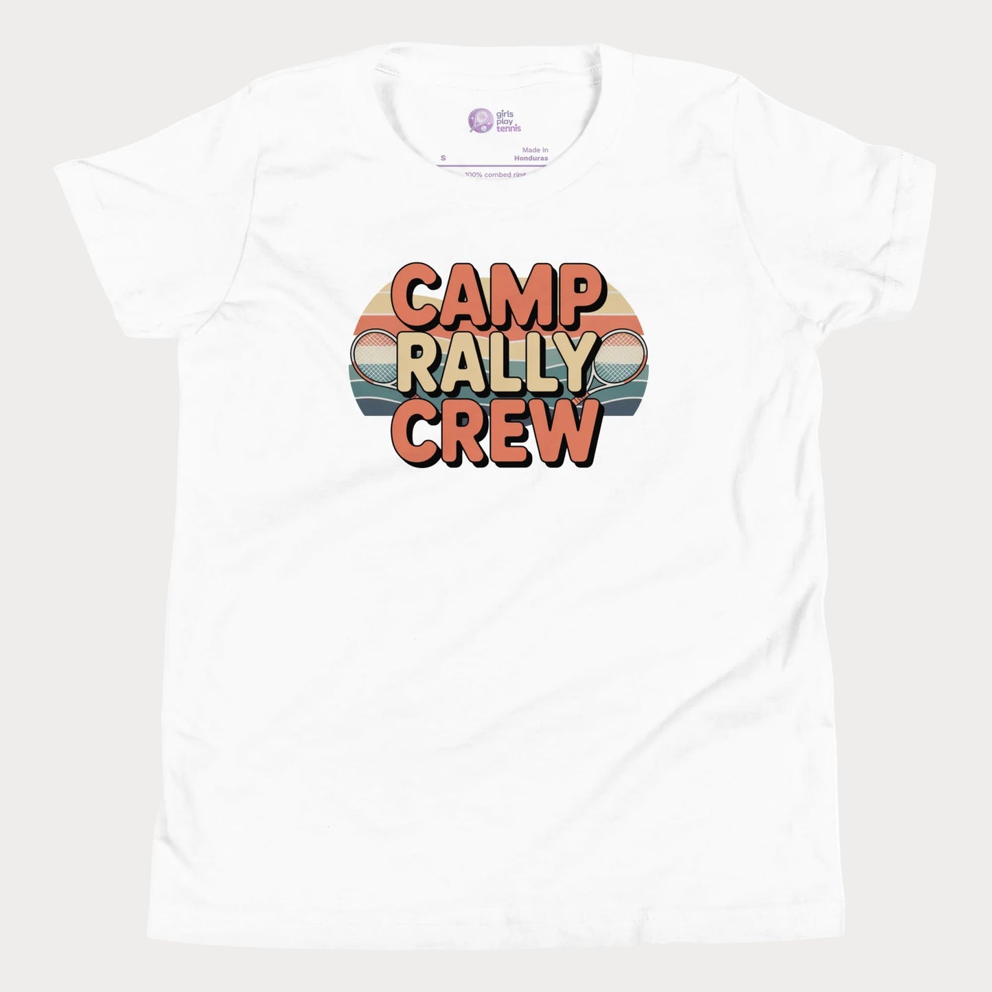 White Camp Rally Crew retro-inspired tennis camp t-shirt for kids and teens