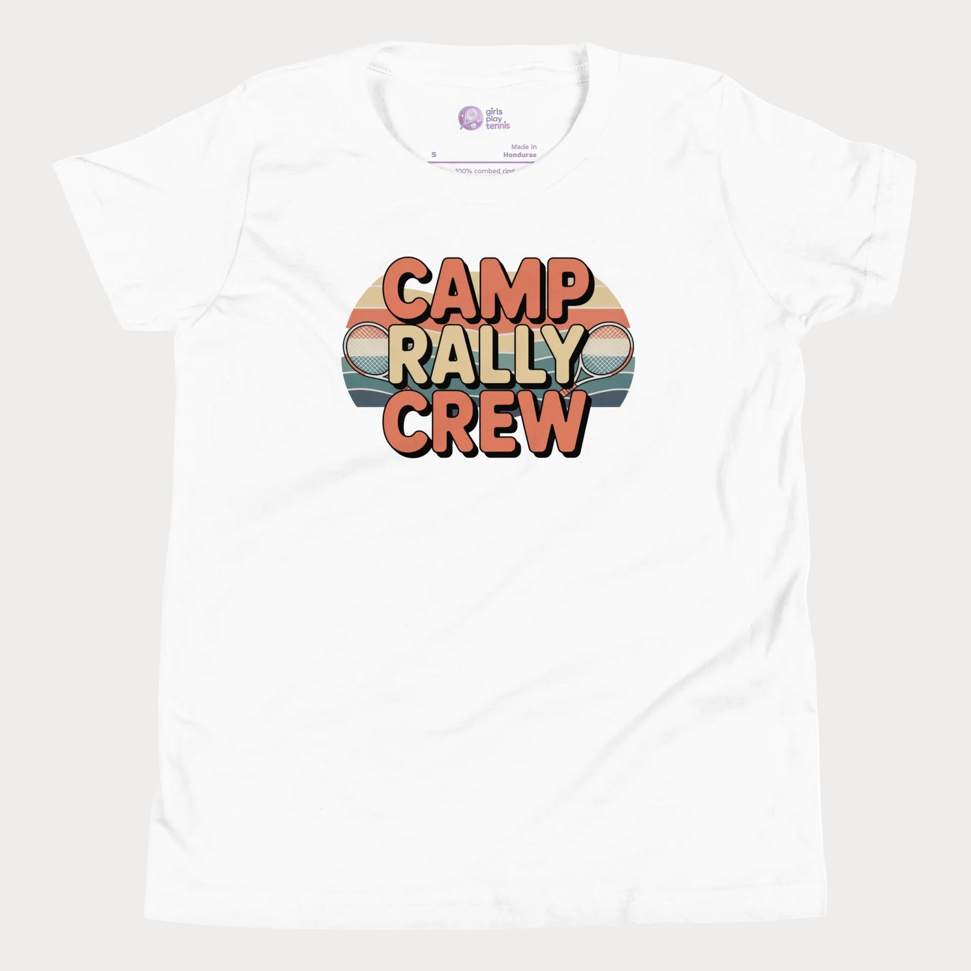 White Camp Rally Crew retro-inspired tennis camp t-shirt for kids and teens