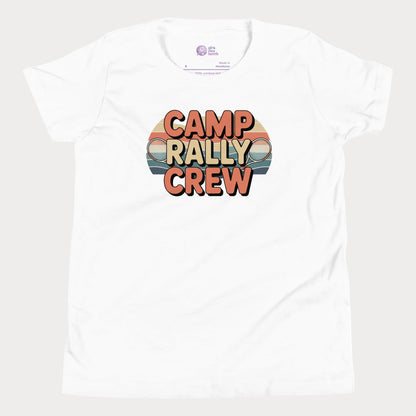 White Camp Rally Crew retro-inspired tennis camp t-shirt for kids and teens