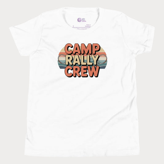 White Camp Rally Crew retro-inspired tennis camp t-shirt for kids and teens