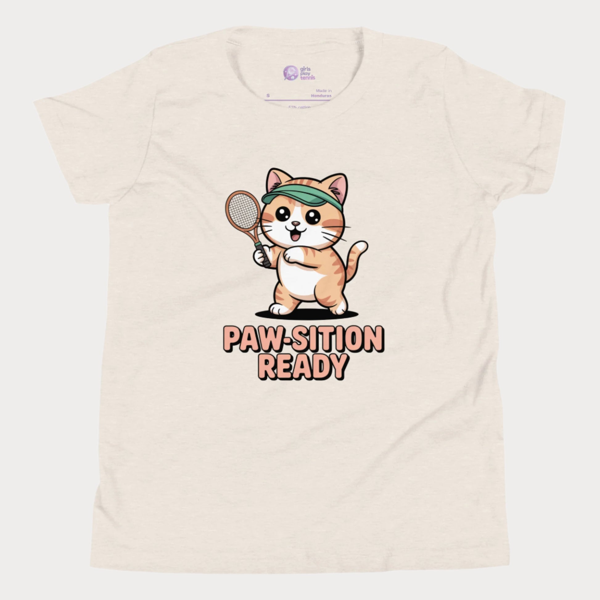 Beige t-shirt with a cartoon cat holding a tennis racket and 'PAW-SITION READY' text on a white background.