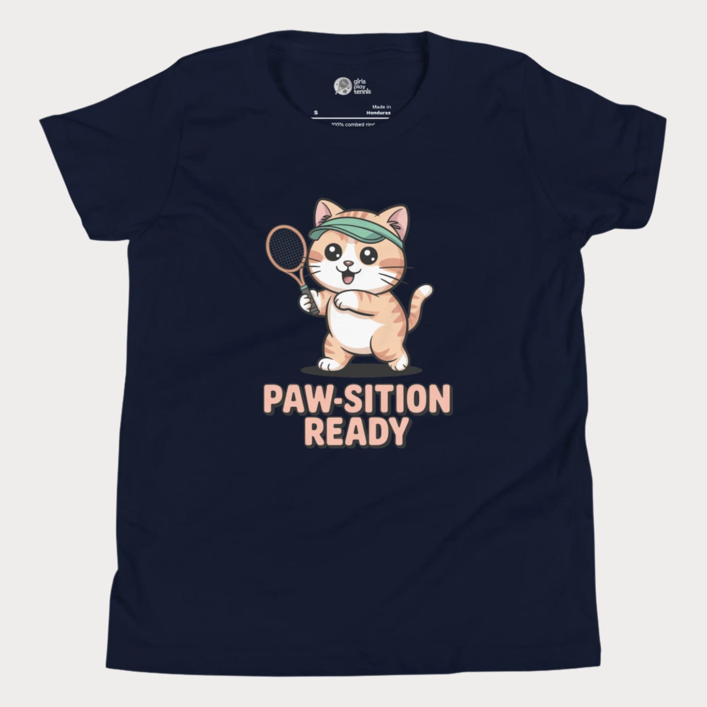 Navy t-shirt with a cartoon cat holding a tennis racket and 'PAW-SITION READY' text on a white background.
