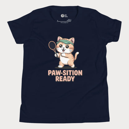 Navy t-shirt with a cartoon cat holding a tennis racket and 'PAW-SITION READY' text on a white background.