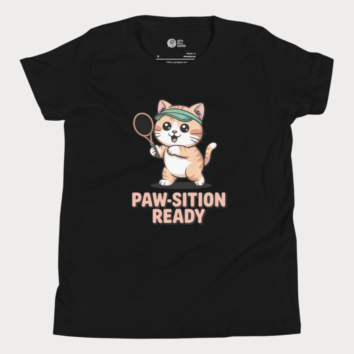 Black t-shirt with a cartoon cat holding a tennis racket and 'PAW-SITION READY' text on a white background.