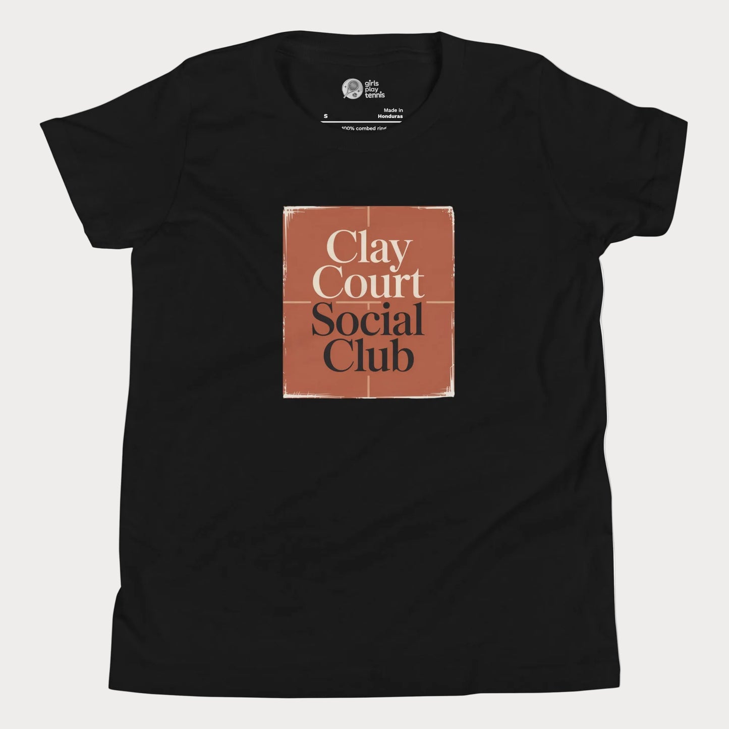 Clay Court Social Club girls and women’s tennis tee in black with terracotta clay court graphic premium cotton shirt