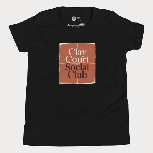 Clay Court Social Club girls and women’s tennis tee in black with terracotta clay court graphic premium cotton shirt