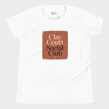 Clay Court Social Club girls and women’s tennis tee in white with terracotta clay court graphic premium cotton shirt