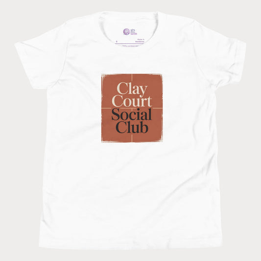 Clay Court Social Club girls and women’s tennis tee in white with terracotta clay court graphic premium cotton shirt