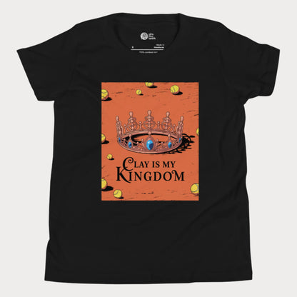 Black tennis T-shirt featuring a regal crown on a clay court with scattered tennis balls and the phrase "Clay Is My Kingdom" in bold lettering.