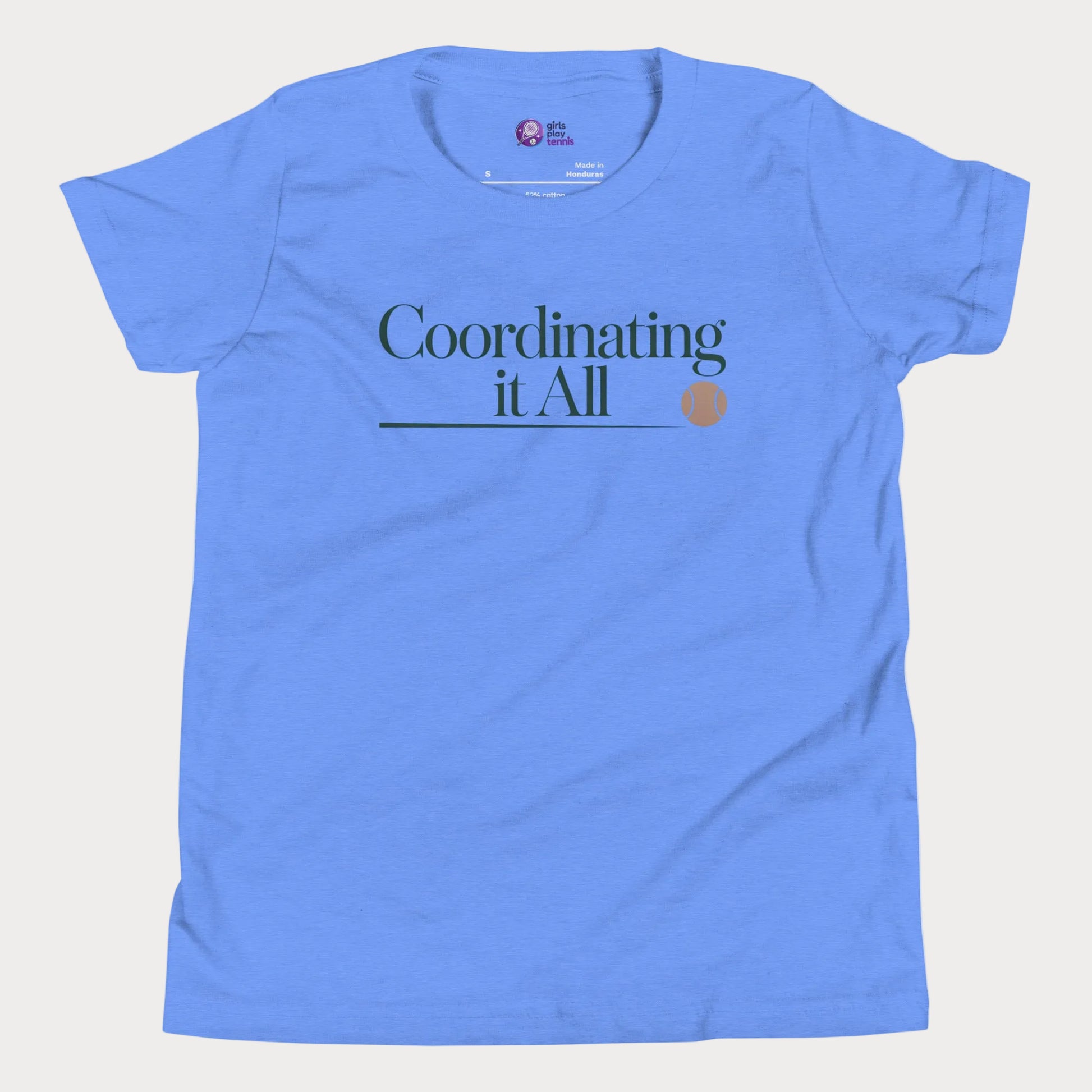 Coordinating It All tennis tee in blue with minimalist typography and tennis ball detail for women