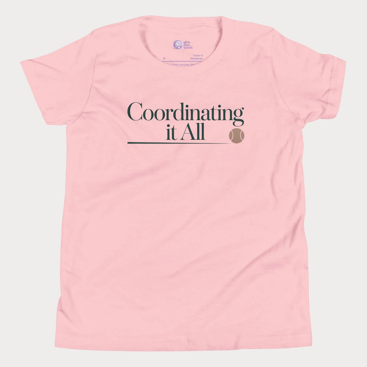 Coordinating It All tennis tee in soft pink with minimalist typography and tennis ball detail for women