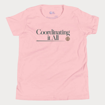 Coordinating It All tennis tee in soft pink with minimalist typography and tennis ball detail for women