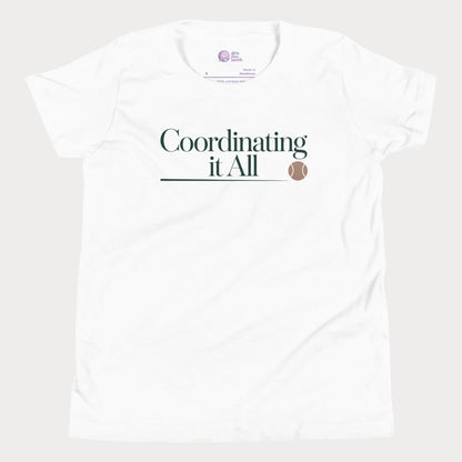 Coordinating It All tennis tee in white with minimalist typography and tennis ball detail for women