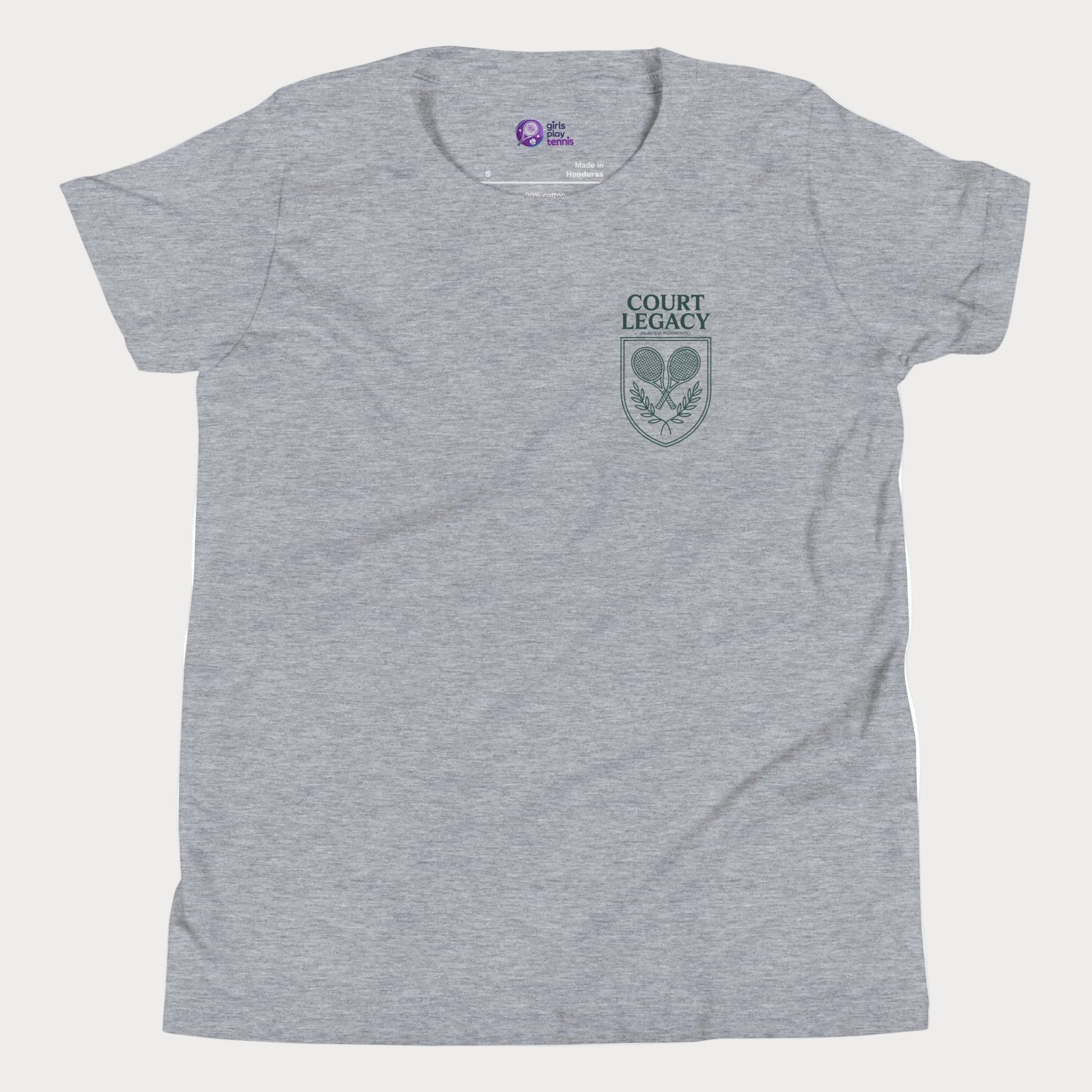 Court Legacy tennis t-shirt for girls and women in athletic grey with green crest logo, premium minimalist tennis apparel.
