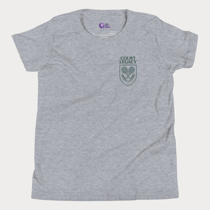 Court Legacy tennis t-shirt for girls and women in athletic grey with green crest logo, premium minimalist tennis apparel.
